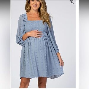 NWT Listiele Maternity Pinkbkush Blue Textured Dot Square Neck Chiffon Dress